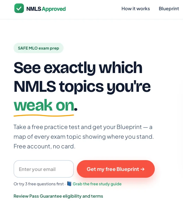 NMLS Approved SAFE MLO exam practice test and Blueprint